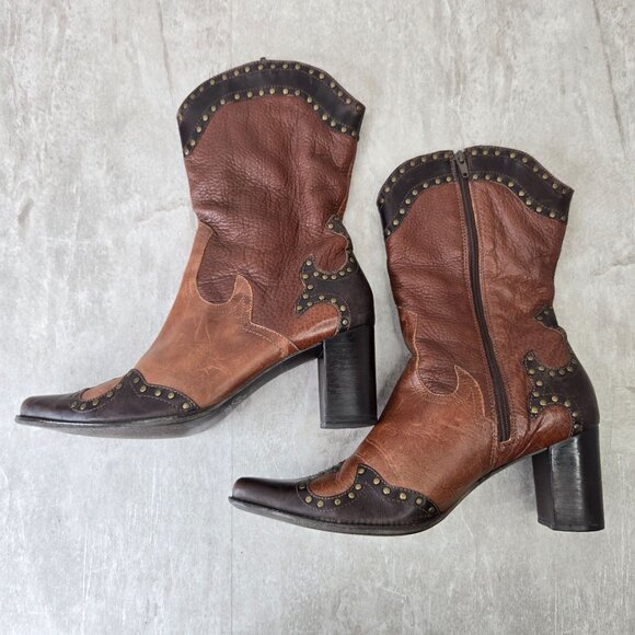 Matisse Western Cowgirl Boots Brown Leather Block Heel Victorian Pointed Booties - Picture 6 of 14